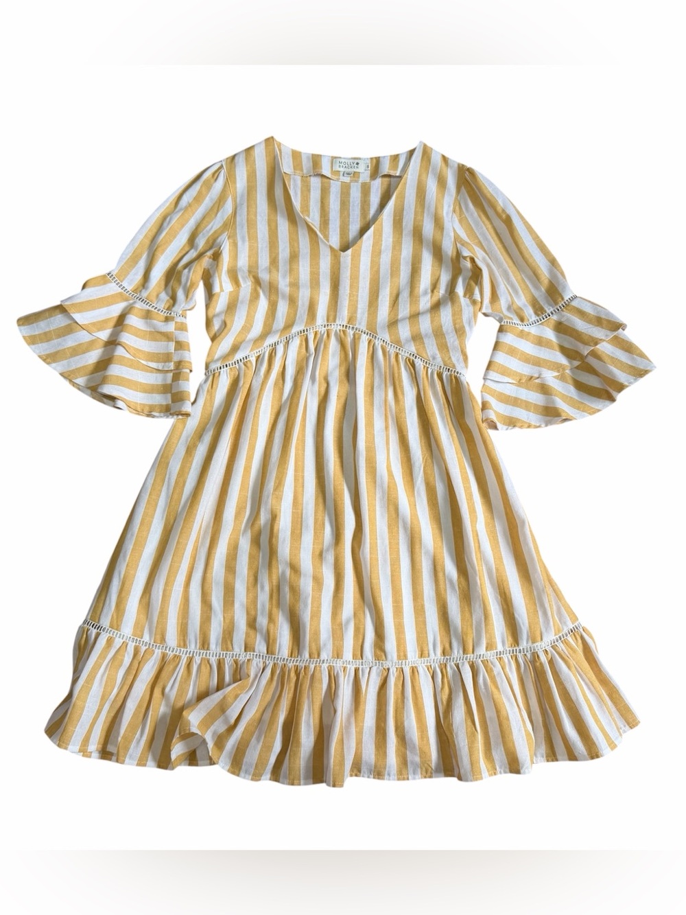 Molly Bracken Yellow and White Striped Bell Sleeves Dress US S